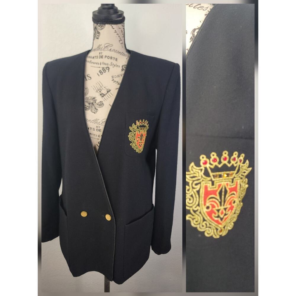 Vintage Nolan Miller Blazer Jacket Womens 10 Wool Black Embroidered Crest